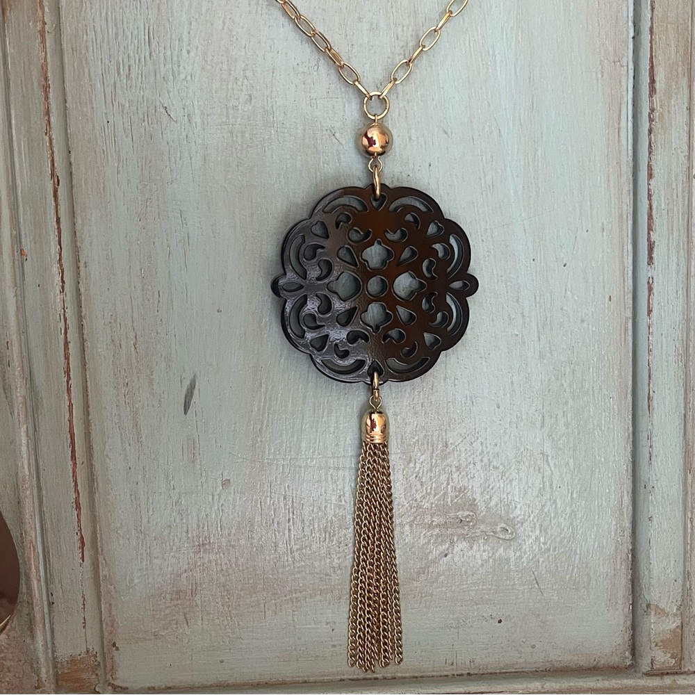 Zenzii Gold Toned Baroque Tassel Necklace Black Pendant
